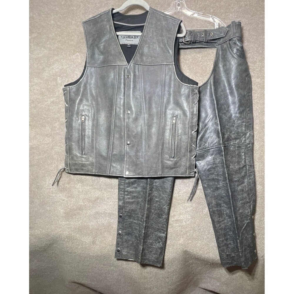 Unik Leather Vest Chaps Set Mens 2XL Biker Motorcycle Riding Gear Gray Heavy